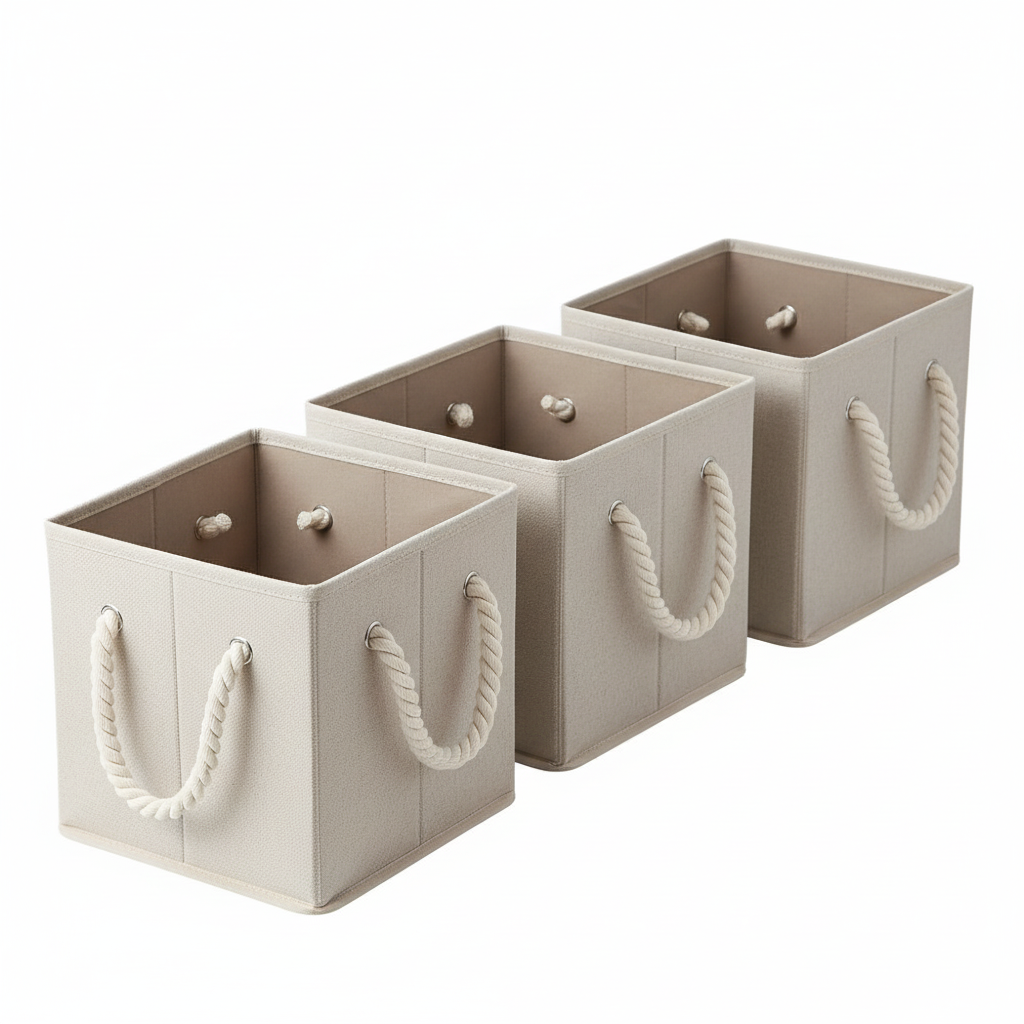 ¡Organiza tu espacio con estilo! Cajas de Tela Beige con Asas de Cuerda (Paquete de 3)