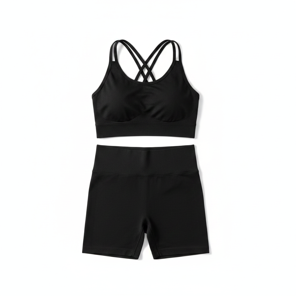 Conjunto Deportivo Negro: Top Cruzado y Shorts Ajustados Size L