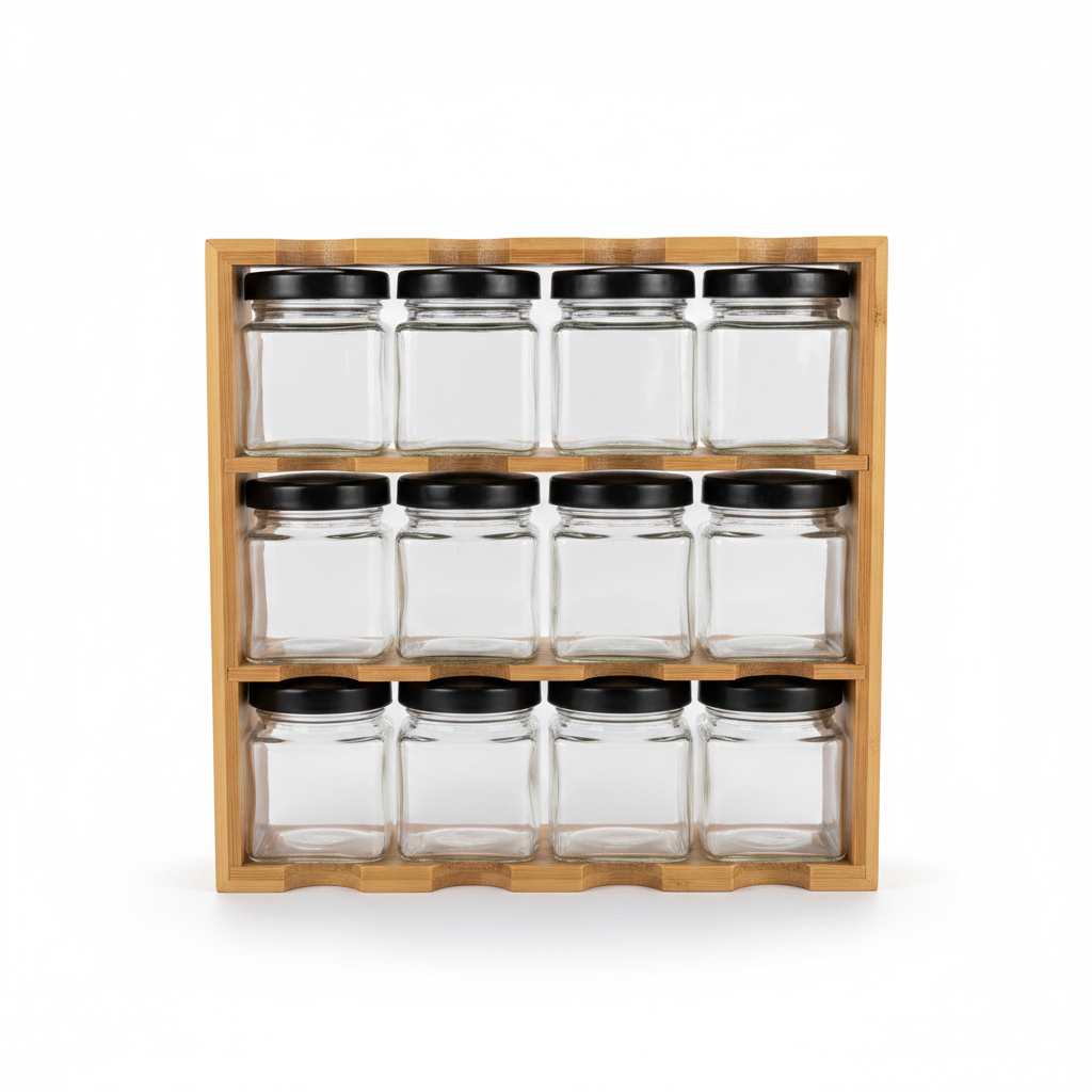 Set de 12 Frascos de Vidrio para Especias con Soporte de Madera r