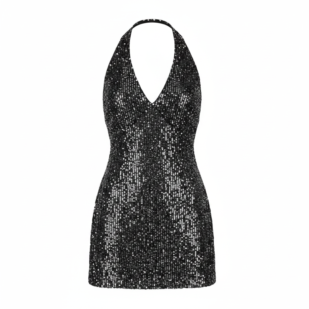 Vestido Negro Brillante con Cuello Halter Size S