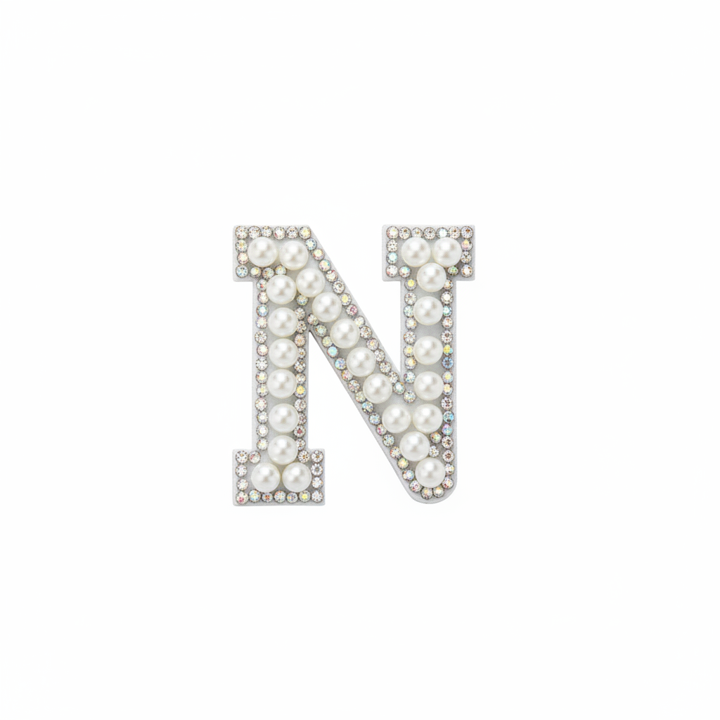 Letra 'N' Brillante con Perlas y Rhinestones