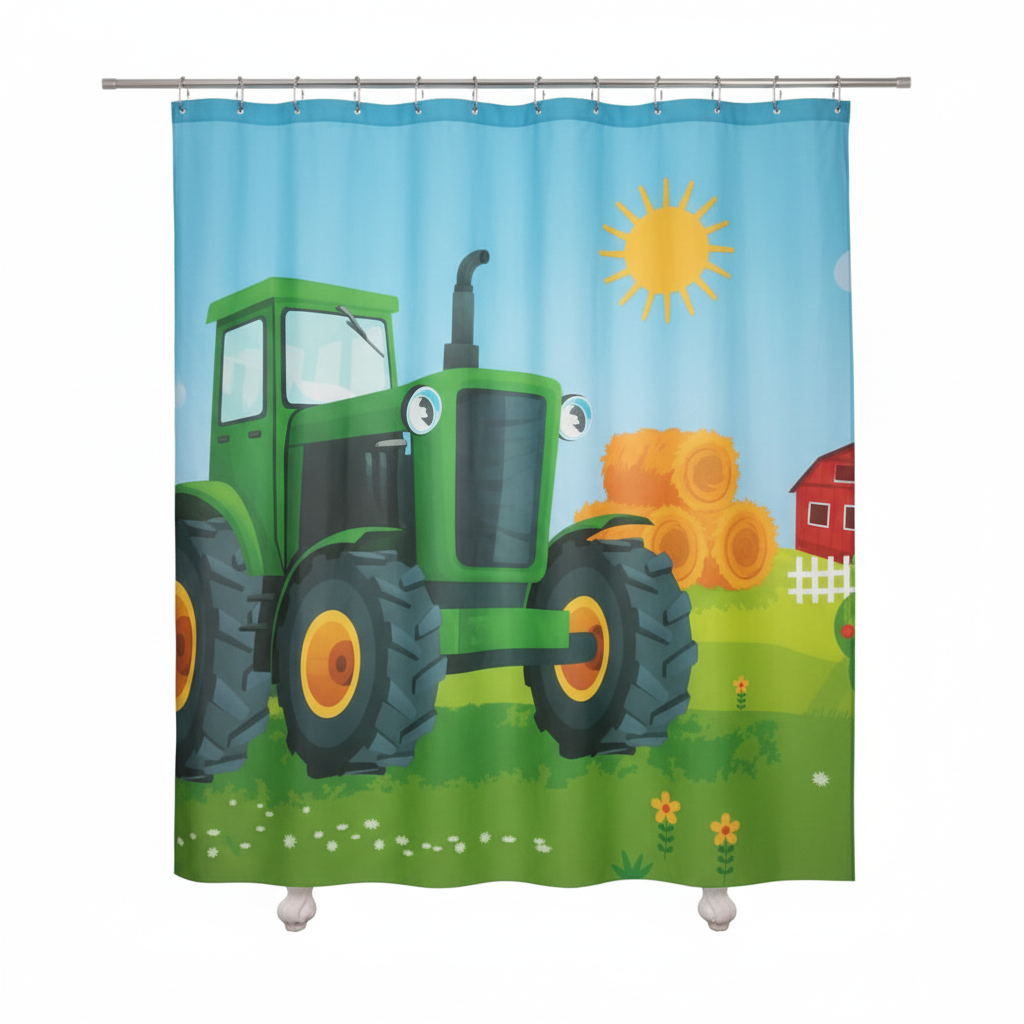 Cortina de Ducha Divertida: ¡Aventuras en Tractor Verde!