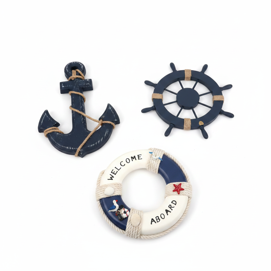 Kit Decorativo Náutico: Ancla, Timón y Salvavidas