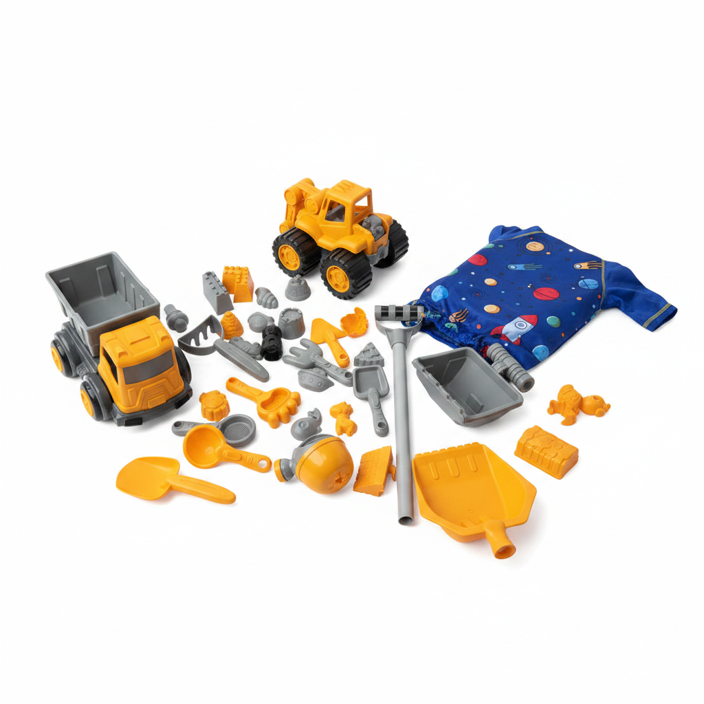 Set de Camiones y Herramientas para Arenero Melissa & Doug y traje bañador con flotador para bebé size: