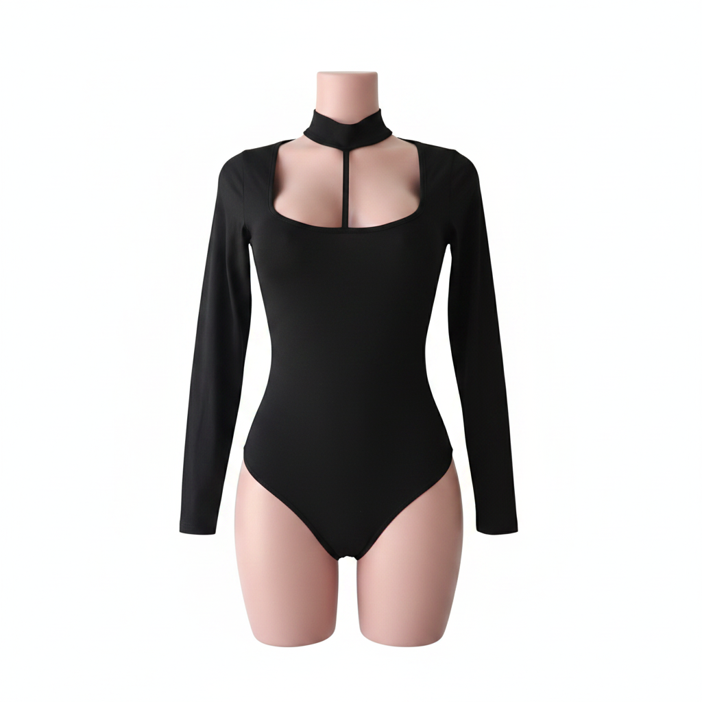 Body Negro Elegante con Escote y Mangas Largas one size