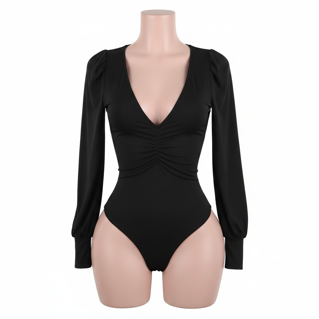 Body Negro con Mangas Abullonadas one size y Drapeado