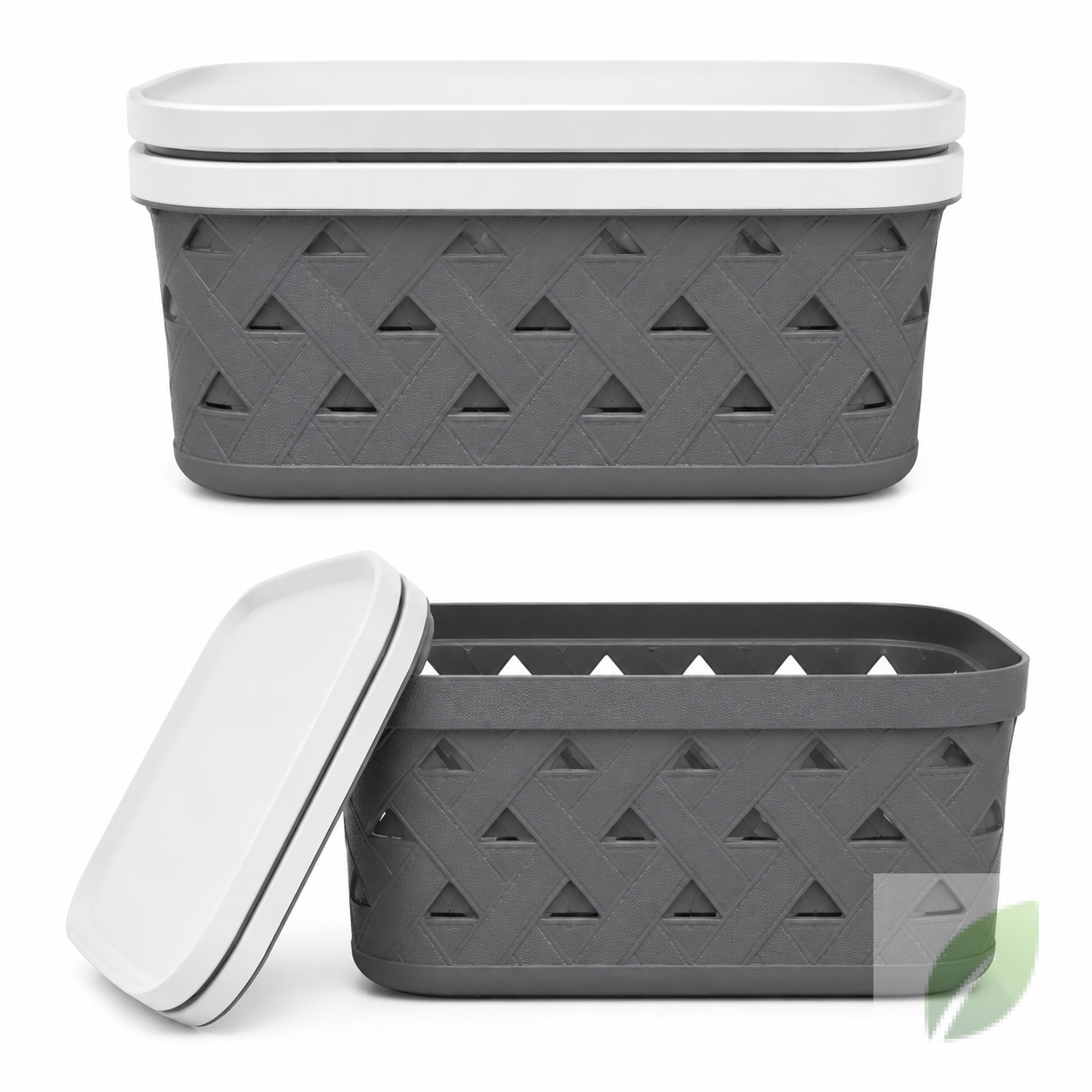 Caja Organizadora Plástica con Tapa Diseño Tejido Gris y Blanco
