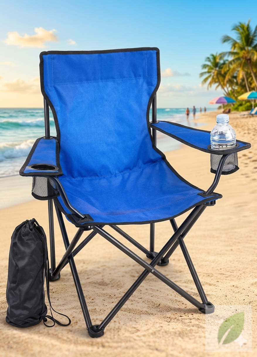 Silla de Playa Plegable Azul con Porta Bebidas