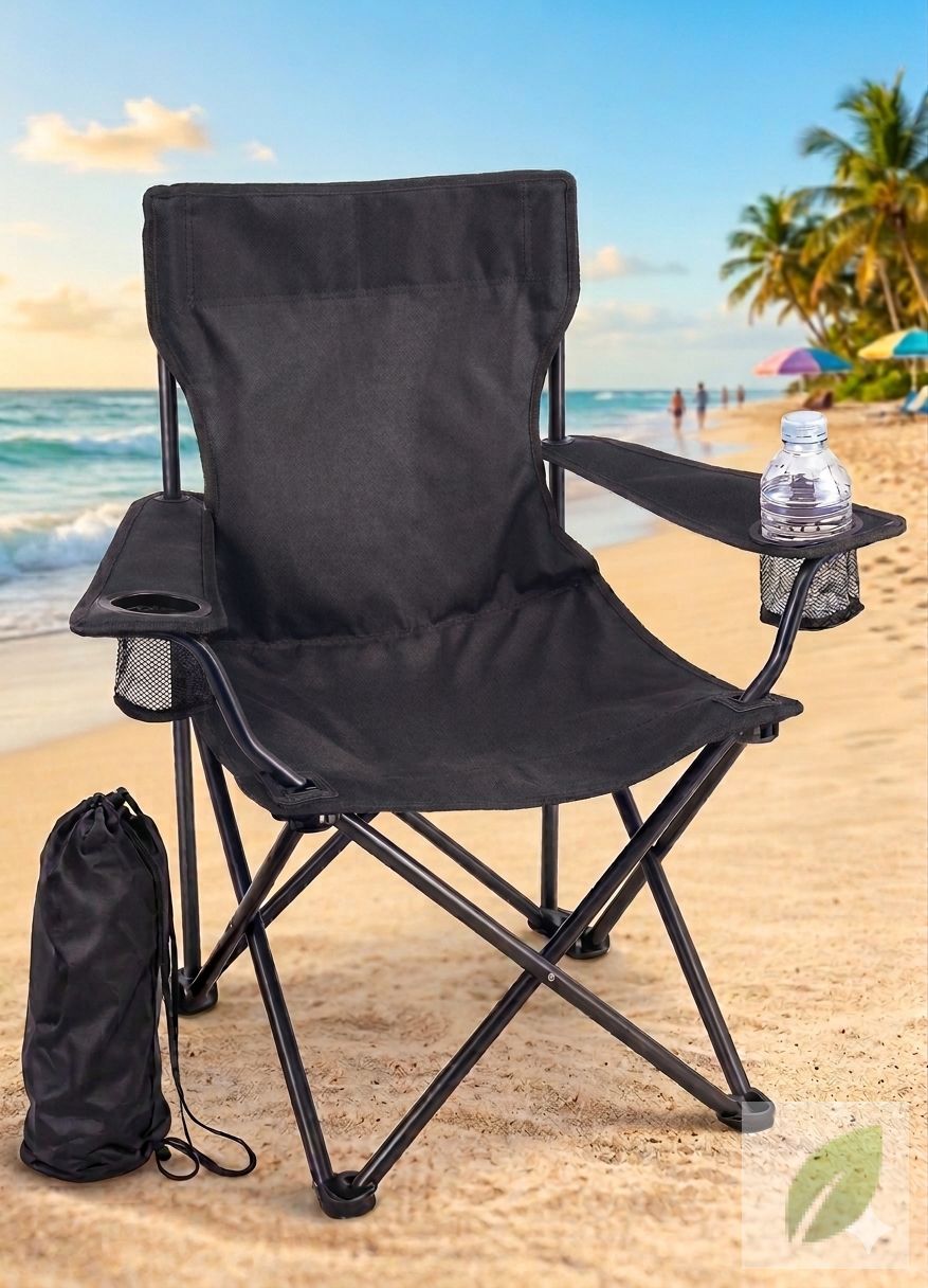 Silla de Playa Plegable Negra con Porta Bebidas