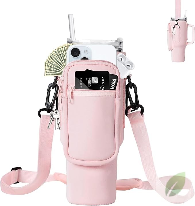Soporte Porta Vaso Stanley 40 oz con Correa y Bolsillo para Celular - Rosado