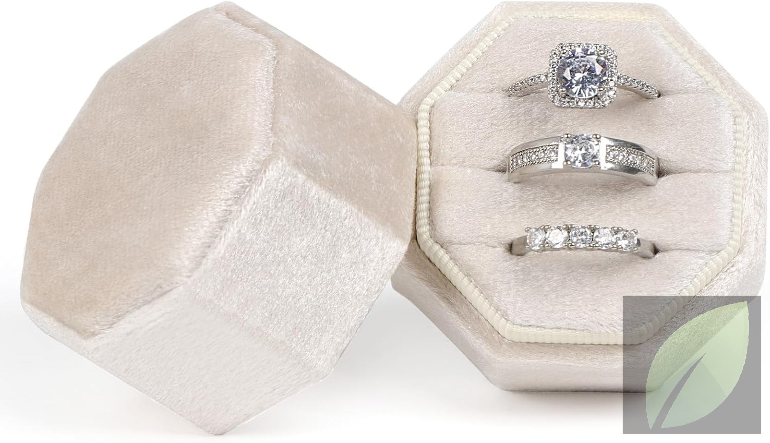 Caja de anillos de terciopelo octagonal vintage con 3 ranuras