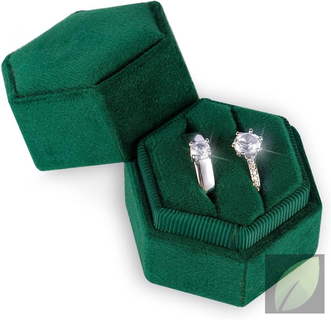 Caja de terciopelo hexagonal para anillos con doble ranura