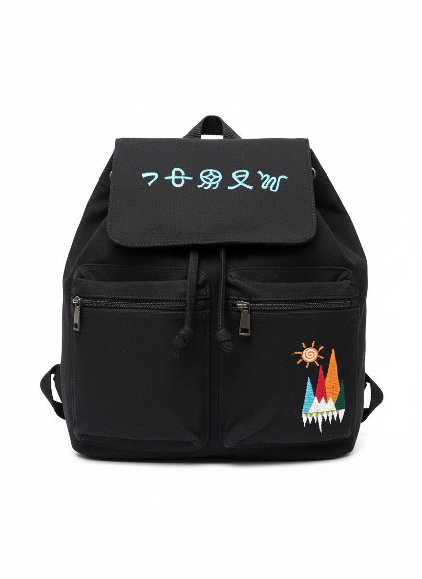 Mochila de Lona Negra con Bordado de Montaña y Sol