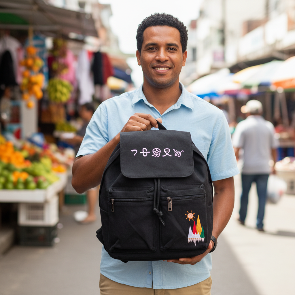 Mochila Negra Canvas con Diseño de Sol y Montañas Bordado
