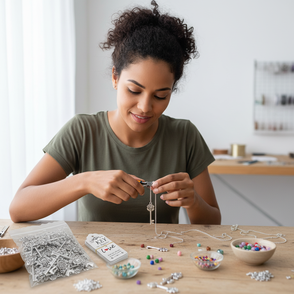 Set de 50 Dijes Estilo Llave con Rosa Antigua Plateada