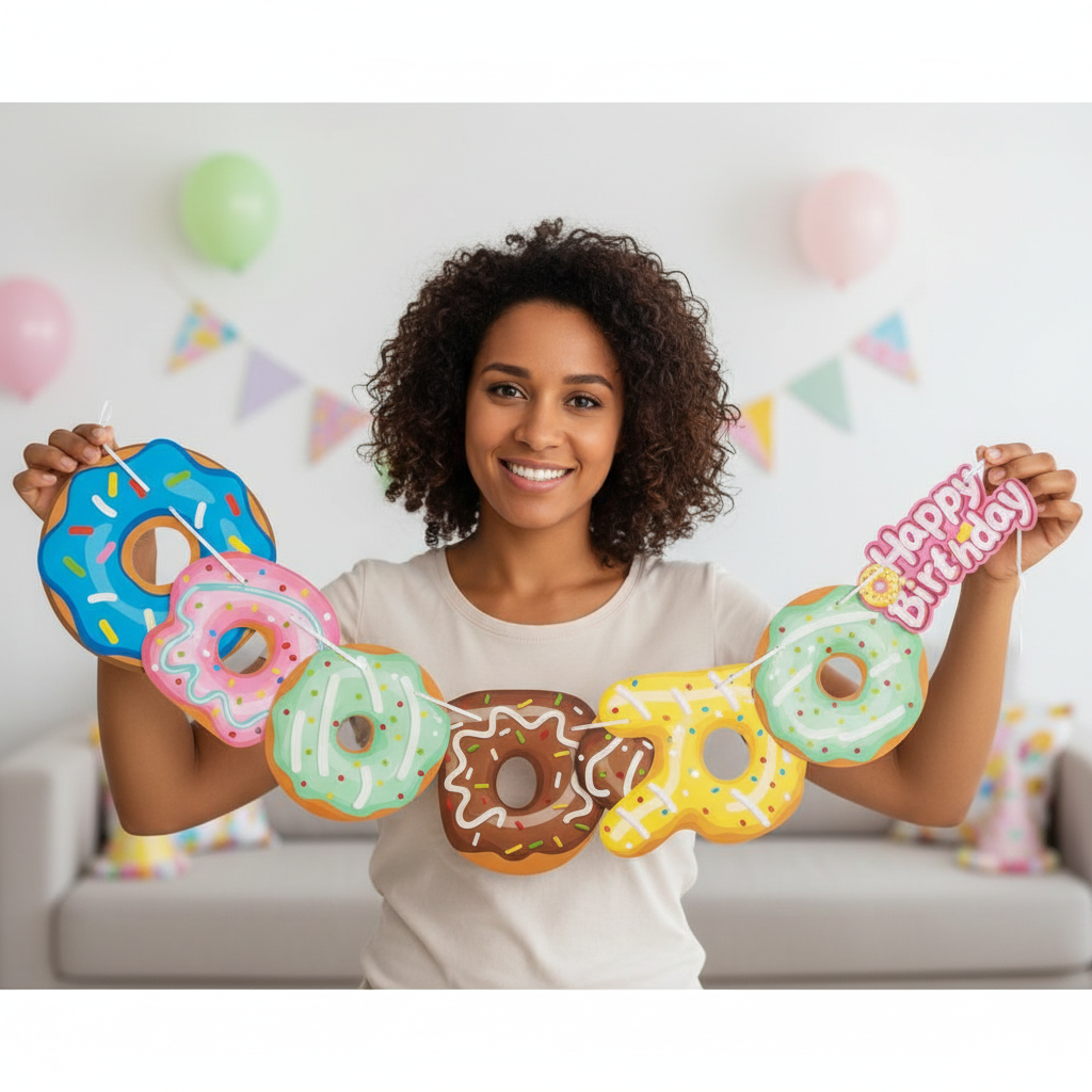 Decoración de Cumpleaños Dulce: Banner de Donas Coloridas