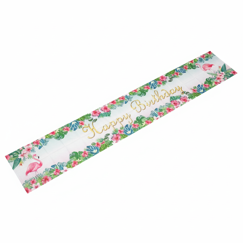 Banner "Feliz Cumpleaños" Estilo Tropical con Flamingos 118x20 inches