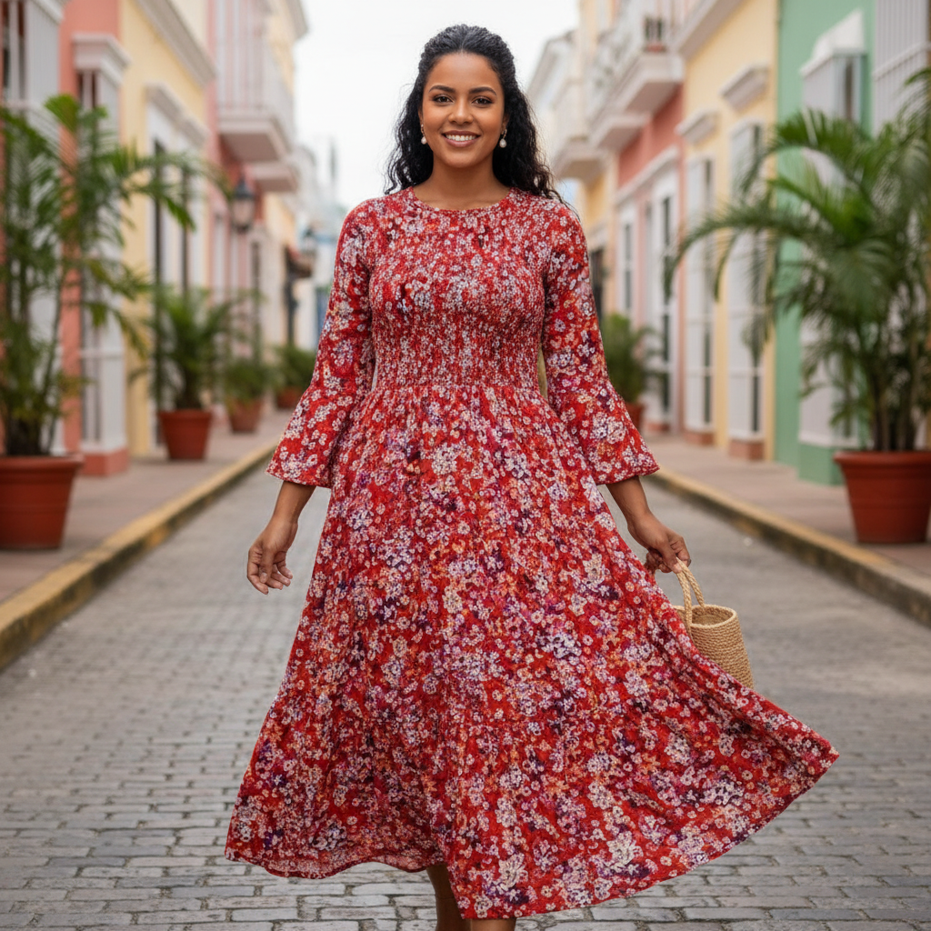 Vestido Rojo Floral con Mangas Acampanadas - ¡Estilo y Frescura!